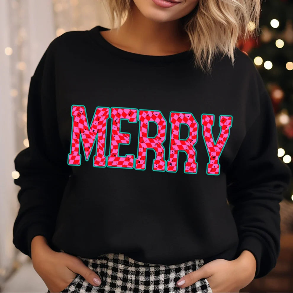 Pink Checker Merry Crewneck