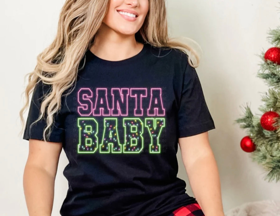 Santa Baby Christmas Lights Black Tee