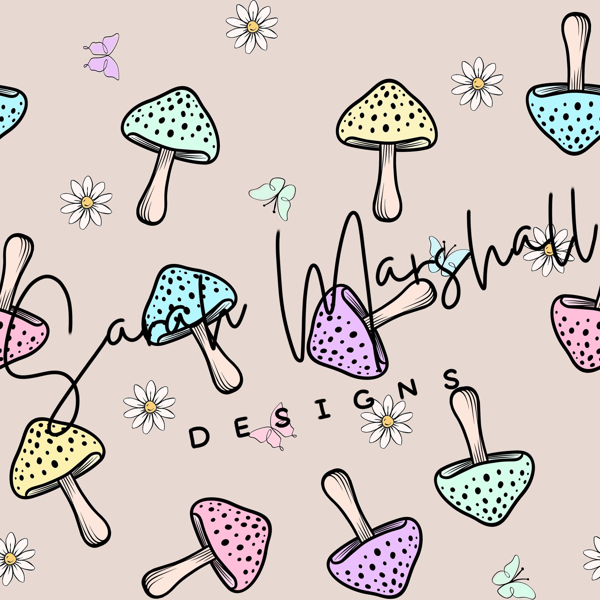Pastel Mushrooms, Butterflies, Flowers, Seamless File, Pattern