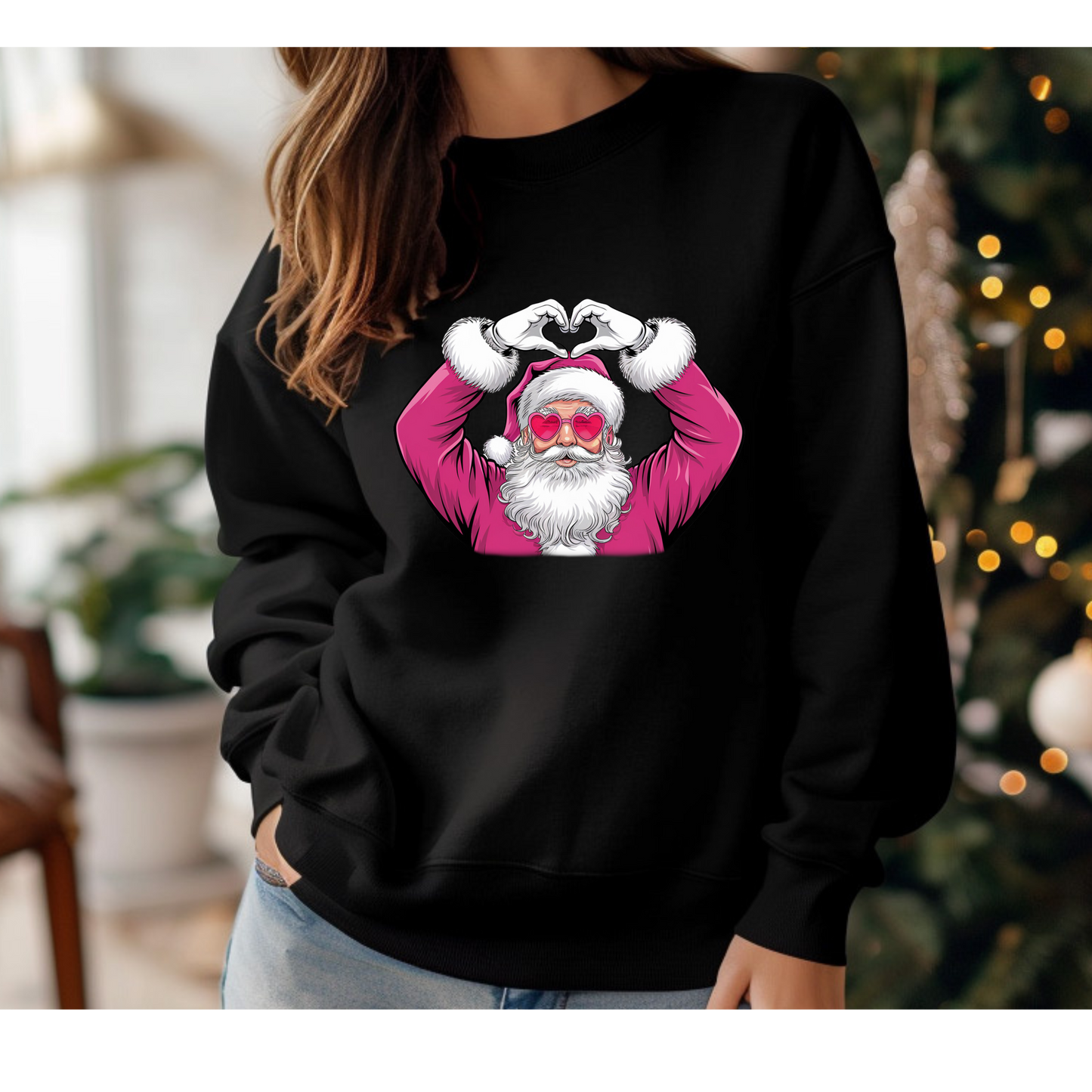 RTS Pink Heart Santa Medium Black Crewneck