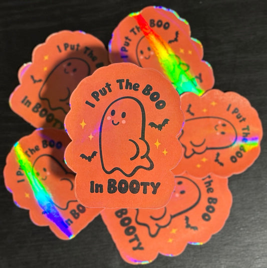 I Put The Boo In Booty Sticker, Ghost, Bats, Holographic Laminate, Water Resistant, Laminated, Scratch Proof